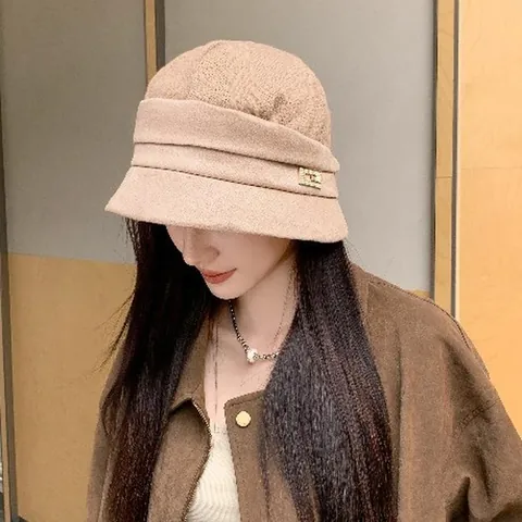 Women Korean Style Cotton Bucket Hat Wide Brim Sun Protection Fisherman Hat With Rhinestone Metal Buckle For Autumn Winter