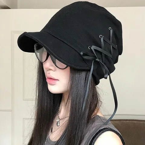 Women Short Brim Cotton Bucket Hat With Ribbon Lace-up Sweet Slouchy Slouchy Hat For Outdoor Travel Sun Protection Hat