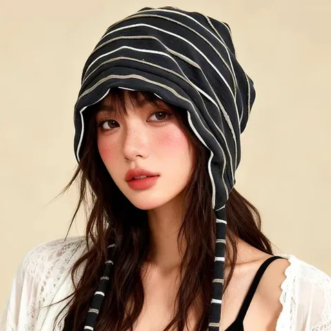 Korean Style Pure Cotton Striped Slouchy Beanie Hat For Women Men Breathable Lightweight Chemo Cap Hair Covering Sleep Hat Casual Headwear