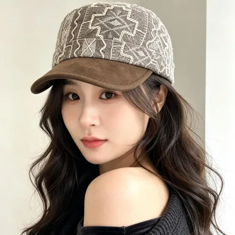 Vintage Unisex Embroidery Geometric Pattern Cadet Cap Retro Ethnic Style Cotton Flat Top Breathable Fashion Sunshade Baseball Hat For Men Women