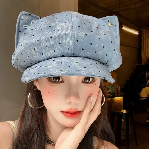 Damen Retro Polka Dot Katzenohr Newsboy Mütze Koreanisch Weich Süß Schirmmütze Lässig Baumwolle Achteckige Hut Sonnenschutz Baskenmütze
