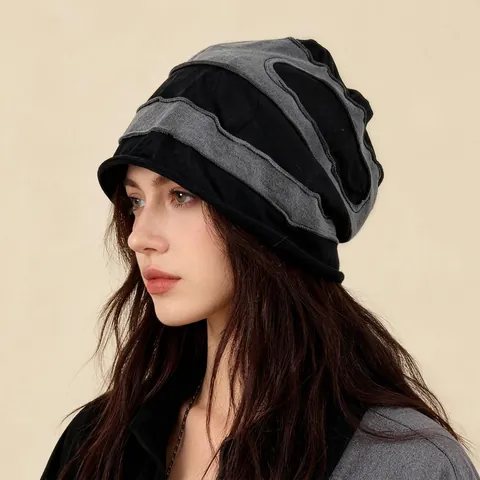 Gorro de Invierno Cálido a Rayas Calentador de Cuello 2-En-1 Gorro Holgado de Punto Al Aire Libre Esquí Equitación A Prueba de Viento Algodón Patchwork Unisex
