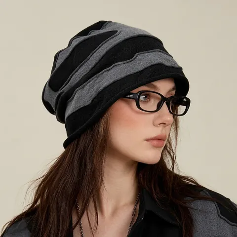 Gorro de Invierno Cálido a Rayas Calentador de Cuello 2-En-1 Gorro Holgado de Punto Al Aire Libre Esquí Equitación A Prueba de Viento Algodón Patchwork Unisex