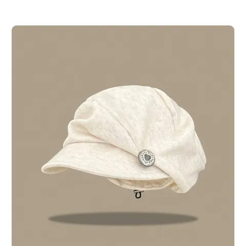 Women Japanese Retro Pleated Cotton Beret Adjustable Newsboy Cap Elegant Painter Hat With Heart Metal Button For Daily