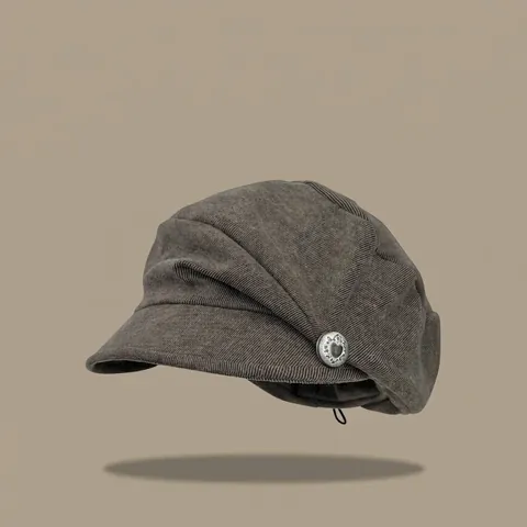 Women Japanese Retro Pleated Cotton Beret Adjustable Newsboy Cap Elegant Painter Hat With Heart Metal Button For Daily