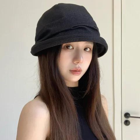 Korean Style Ruched Bucket Hat For Women Solid Color Pleated Sun Hat Foldable Cotton Basin Hat Casual Vintage Accessories