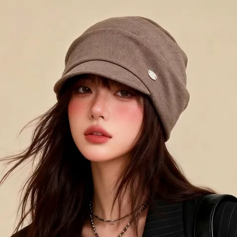 Japanese Style Newsboy Hat Women Vintage Cotton Baker Boy Cap Solid Color Adjustable Equestrian Cap With Metal Logo