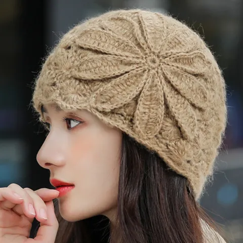 Women Vintage Elegant Knit Hat Cotton Crochet Hollow Beanie With Large Flower Decoration Winter Warm Beanie Hat For Ladies