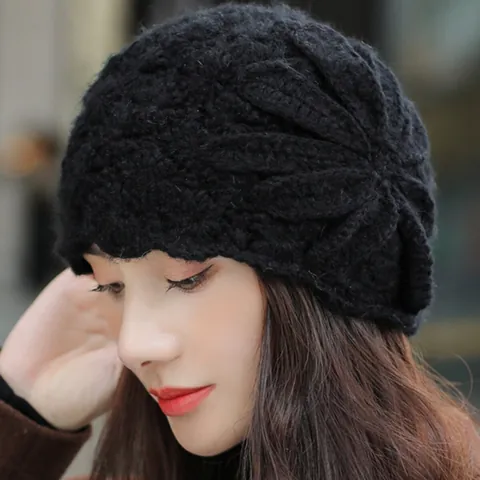 Women Vintage Elegant Knit Hat Cotton Crochet Hollow Beanie With Large Flower Decoration Winter Warm Beanie Hat For Ladies