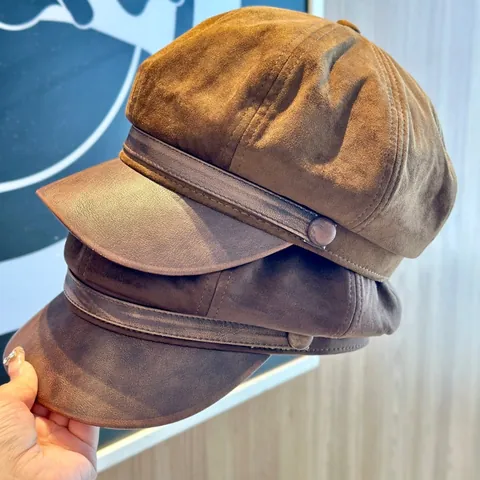 Women Newsboy Hat Vintage Octagonal Cap Cotton Suede PU Leather Patchwork Autumn Winter Fashion Adjustable Painter Hat