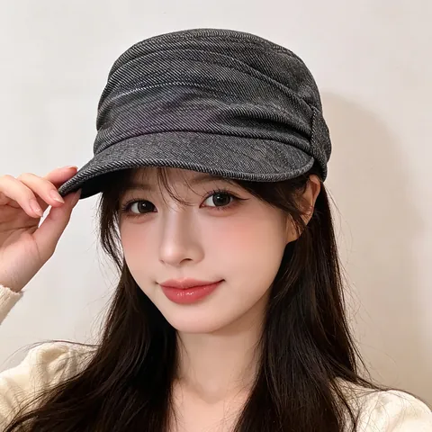 Vintage Fruncido Mezclilla Algodón Sombrero de Equitación para Mujeres Ala Corta Copa Plana Gorra de Repartidor de Periódicos Leopardo Casual Parasole al Aire Libre Sombrero