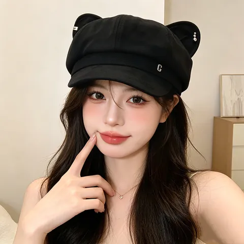 Women Cute Cat Ears Cotton Nylon Octagonal Hat Sweet Japanese Style Painter Beret For Autumn Winter Warm Fashion Cap
