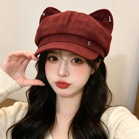 Chapeau Octogonal Décontracté en Mélange de Coton pour Femmes Casquette Gavroche Vintage Chapeau à Pois Automne Hiver Mignon Oreilles de Chat Chapeau de Peintre Pare-soleil Chaud Béret