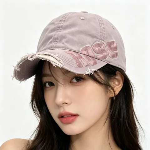 Casquette de Baseball en Coton de Soie Satiné Lavé Vintage Troué Distressed Lettre Rose Brodée Chapeau de Soleil Unisexe