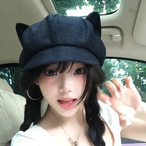 Boina de Mezclilla para Mujer con Orejas de Gato Linda Estilo Japonés Azul Marino Ajustable Sombrero de Pintor Protección Solar Verano Moda