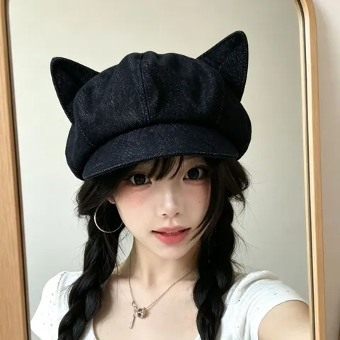 Boina de Mezclilla para Mujer con Orejas de Gato Linda Estilo Japonés Azul Marino Ajustable Sombrero de Pintor Protección Solar Verano Moda