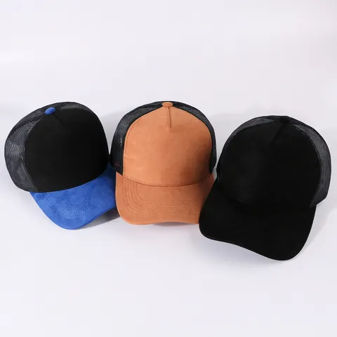 Fashion Suede Patchwork Mesh Trucker Hat Breathable Adjustable Contrast Color Baseball Cap For Men Women Casual Outdoor Sunshade