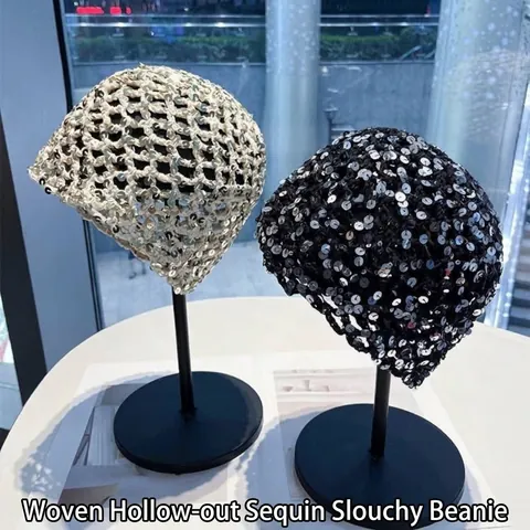 Retro Handgemachte Häkeln Pailletten Beanie Mütze Damen Ethno Hohl Sommer Dünne Mesh Schädel Kappe Slouchy Turban Hut