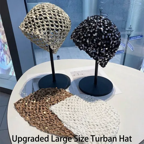 Retro Handgemachte Häkeln Pailletten Beanie Mütze Damen Ethno Hohl Sommer Dünne Mesh Schädel Kappe Slouchy Turban Hut