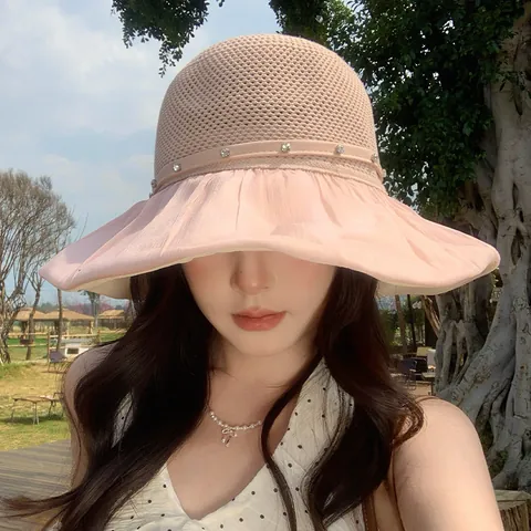 Women Korean Style Sun Hat Breathable Mesh Patchwork Rhinestone Bucket Hat Wide Brim Foldable Outdoor Summer Sun Hat