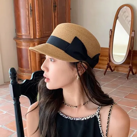 Korean Style Women Straw Equestrian Baseball Hat Fashion Breathable Sunshade Beach Cap With Ribbon Bow Decoration