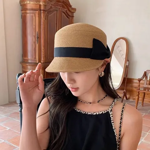 Korean Style Women Straw Equestrian Baseball Hat Fashion Breathable Sunshade Beach Cap With Ribbon Bow Decoration
