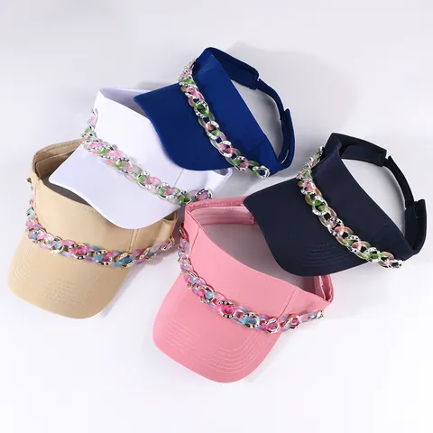 Sombrero Visera Retro para Mujer Estilo Británico Ajustable Gorra Superior Vacía con Cadena de Strass Poliéster Verano