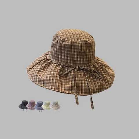 Korean Style Plaid Wide Brim Bucket Hat Women Summer Sun Protection Foldable Fisherman Hat Outdoor Beach Sun Hat With Windproof Rope