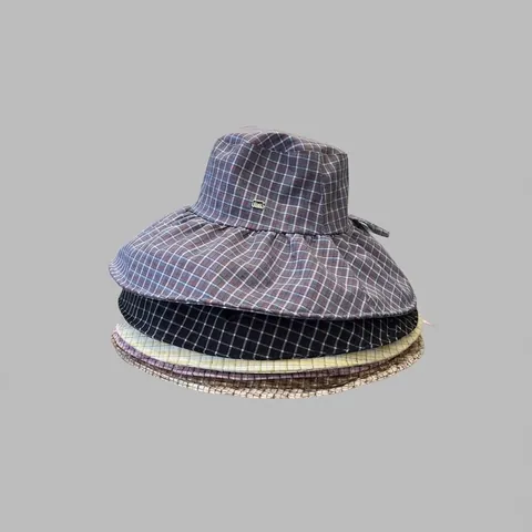 Korean Style Plaid Wide Brim Bucket Hat Women Summer Sun Protection Foldable Fisherman Hat Outdoor Beach Sun Hat With Windproof Rope