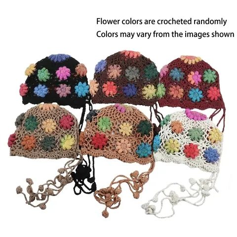 Women's Bohemian Ethnic Flower Tassel Handmade Crochet Beanie Hollow Cotton Knit Pullover Hat Warm Fashion Accessories