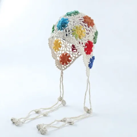 Women's Bohemian Ethnic Flower Tassel Handmade Crochet Beanie Hollow Cotton Knit Pullover Hat Warm Fashion Accessories