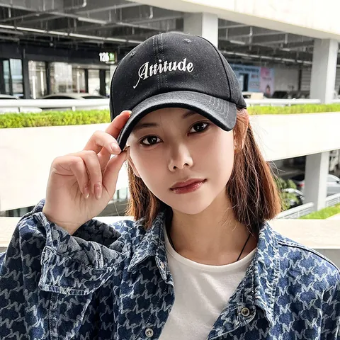 Cotton Embroidered Letter Attitude Baseball Cap For Women Adjustable Wide Brim Face Slimming Sun Hat Large Head Deep Cap
