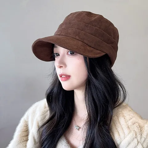 British Style Pleated Suede Flat Top Equestrian Hat For Women Autumn Winter Newsboy Cap Baker Boy Peaked Cap Versatile Headwear