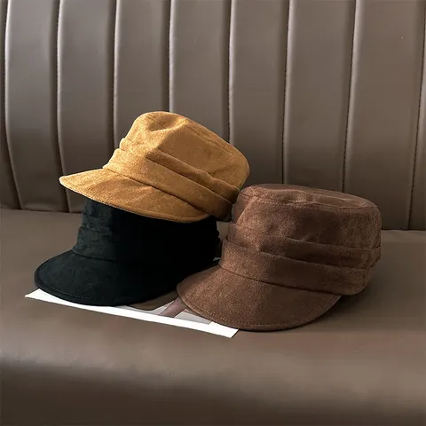 British Style Pleated Suede Flat Top Equestrian Hat For Women Autumn Winter Newsboy Cap Baker Boy Peaked Cap Versatile Headwear