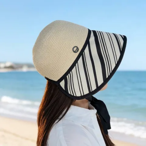 Women Summer Paper Straw Bucket Hat Large Brim Sun Protection Striped Patchwork Beach Hat With Windproof Strap