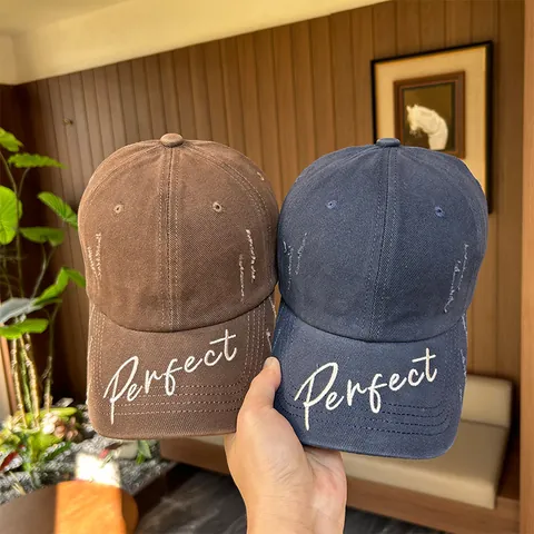 Unisex Cotton Embroidered Perfect Letter Baseball Cap Distressed Fashion Casual Curved Brim Duck Tongue Hat Outdoor Sun Protection Hip Hop Trucker Cap