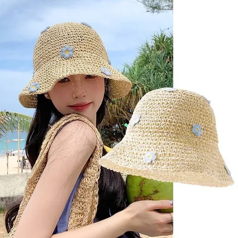 Cappello di Paglia di Carta Intrecciato a Mano Donna Minimalista Pieghevole Berretto da Spiaggia Parasole Con Fiori All'uncinetto