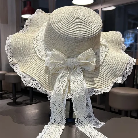 Sombrero de Paja para Mujer Pastoral Francés Lazo de Encaje Ala Ancha Parte Superior Plana Verano Playa Protección Solar Elegante