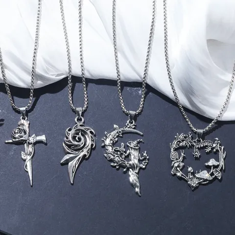 Gothic Vintage Silver Zinc Alloy Pendant Necklace Witch On Moon Mushroom Heart Thorns Cross Floral Jewelry For Women Men