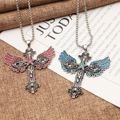 Gothic Luminous Star Angel Wings Cross Pendant Necklace Vintage Punk Zinc Alloy Enamel Long Sweater Chain Necklace For Unisex Everyday Jewelry