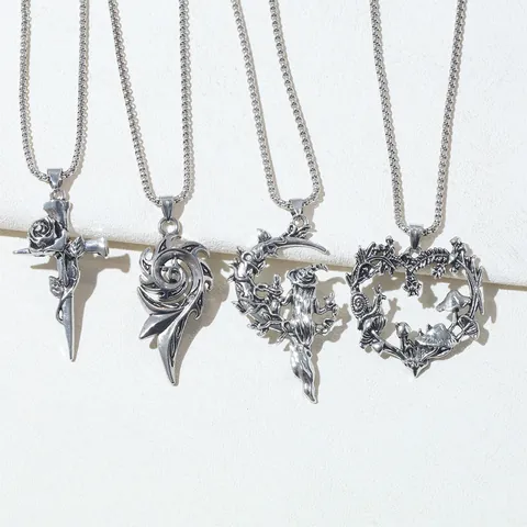 Gothic Vintage Silver Zinc Alloy Pendant Necklace Witch On Moon Mushroom Heart Thorns Cross Floral Jewelry For Women Men