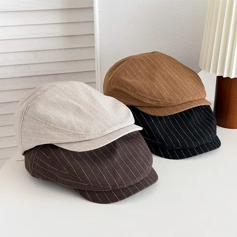 Casquette Plate Vintage Japonaise à Rayures Homme Femme Coton Lin Béret Newsboy Chapeau Protection Solaire Été