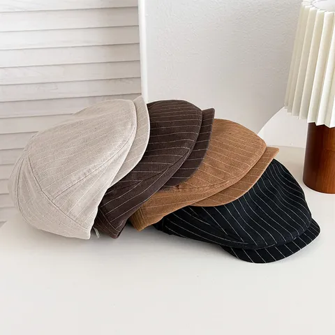 Casquette Plate Vintage Japonaise à Rayures Homme Femme Coton Lin Béret Newsboy Chapeau Protection Solaire Été
