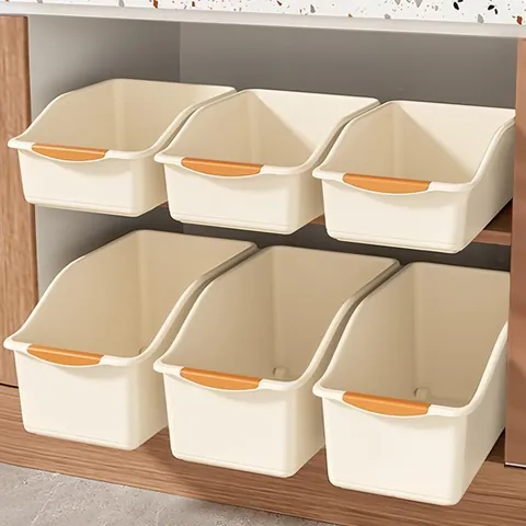 Kitchen Cabinet Storage Box With Wheels Handle Plastic Pot Pan Organizer For Spice Sundries Cupboard Storage Basket