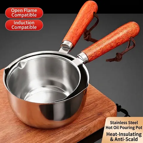 Stainless Steel Mini Hot Oil Pan With Wood Handle Small Butter Melting Pot For Kitchen Cooking Oil Pouring Tool
