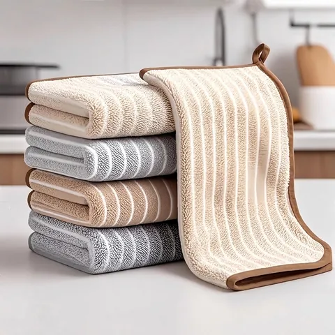 Superfine Fiber Kitchen Cleaning Cloth Thickened Coral Velvet Striped Dishcloth Water Absorbent Lint-free Cleaning Towel For Kitchen Home Daily Use