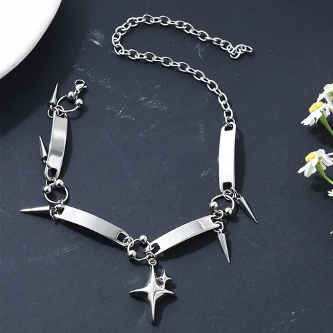 Punk Stainless Steel Starburst Rivet Tassel Choker Necklace For Women Men Silver Geometric Star Pendant Neck Chain Jewelry Gift