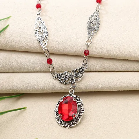 Collier Pendentif Strass Rouge Gothique Victorien Accessoire Costume de Sorcière Vintage Collier Alliage Argent Antique