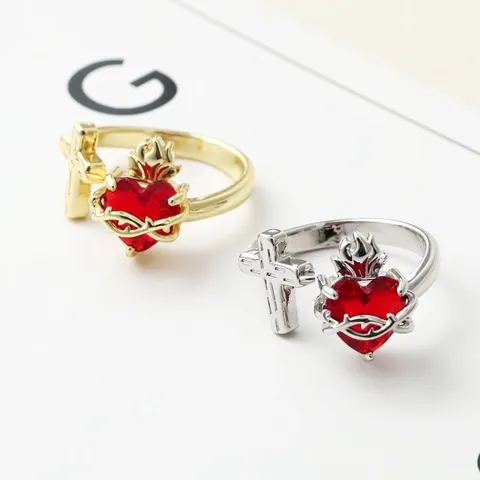 Vintage Gothic Copper Crown Heart Open Ring Red Rhinestone Sacred Heart Statement Adjustable Ring For Women Street Wear Jewelry Gift