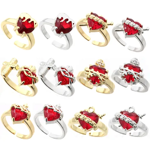 Vintage Gothic Copper Crown Heart Open Ring Red Rhinestone Sacred Heart Statement Adjustable Ring For Women Street Wear Jewelry Gift